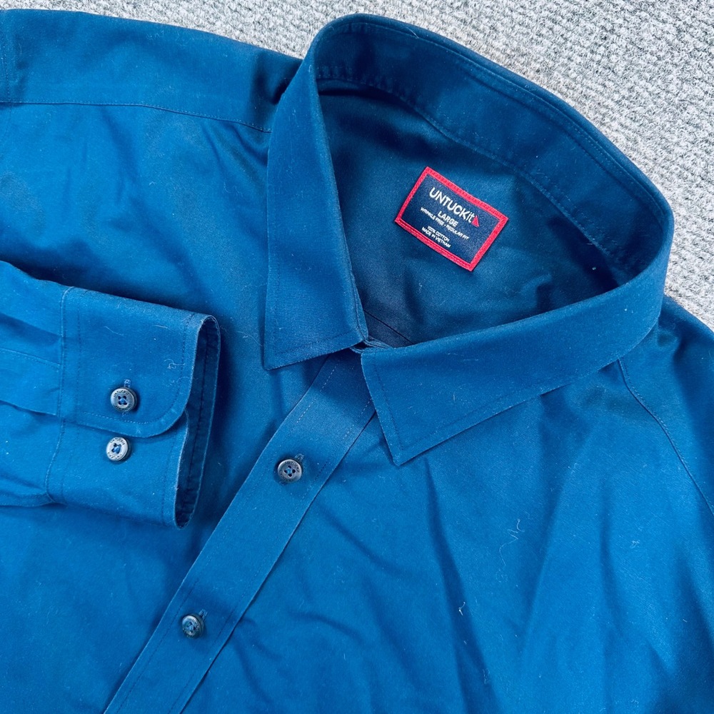 UNTUCKit Men's L Navy Blue Castello WRINKLE FREE Regular Fit Button Up Shirt